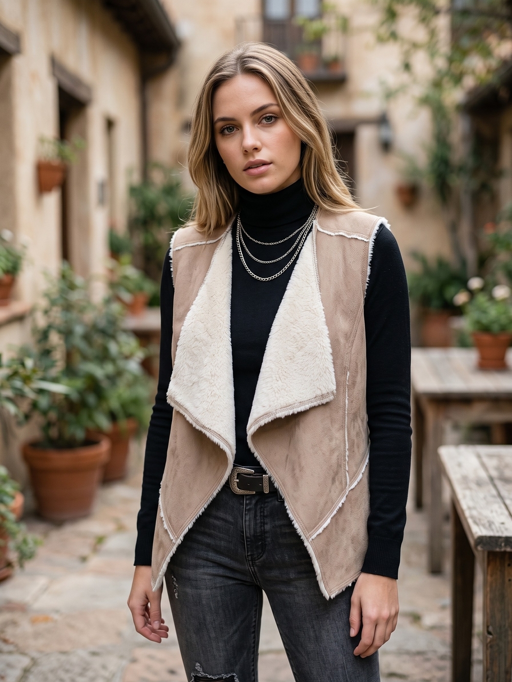 GUESS Faux Suede Shearling Waterfall Vest Coastal Cowgirl Western Ranchcore